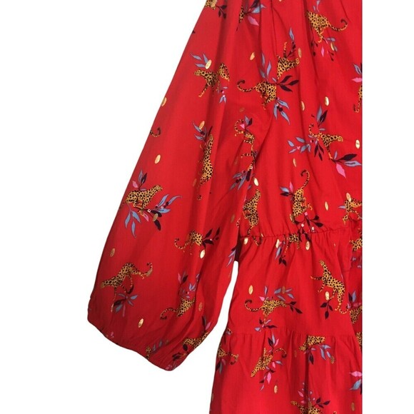 Leota Midi Dress Women's Size 1X Red Cheetahs Long Sleeve Cotton Blend - Picture 2 of 7